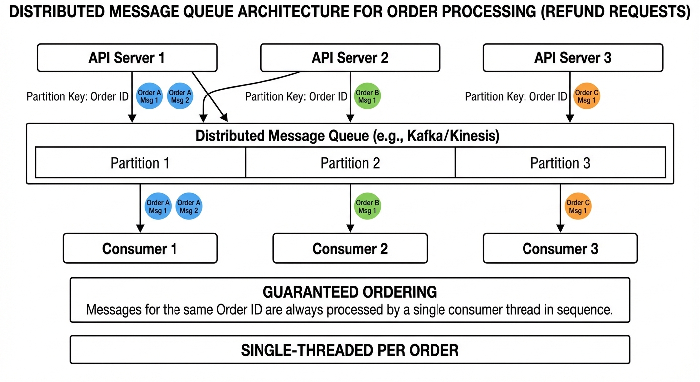 A technical diagram showing distributed message queue architecture for order processing. Show multip