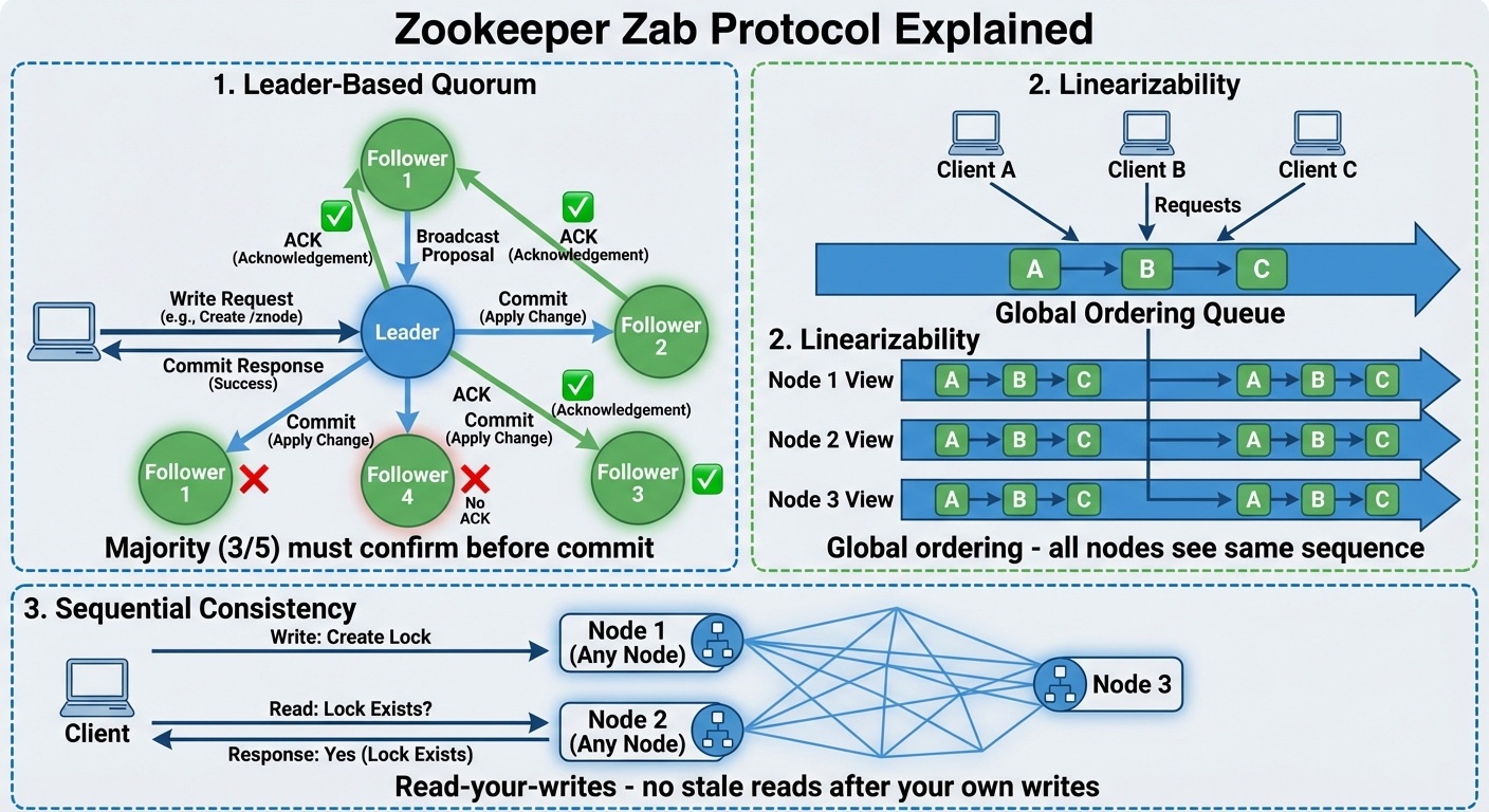 Zab Protocol: Leader-Based Quorum, Linearizability, and Sequential Consistency