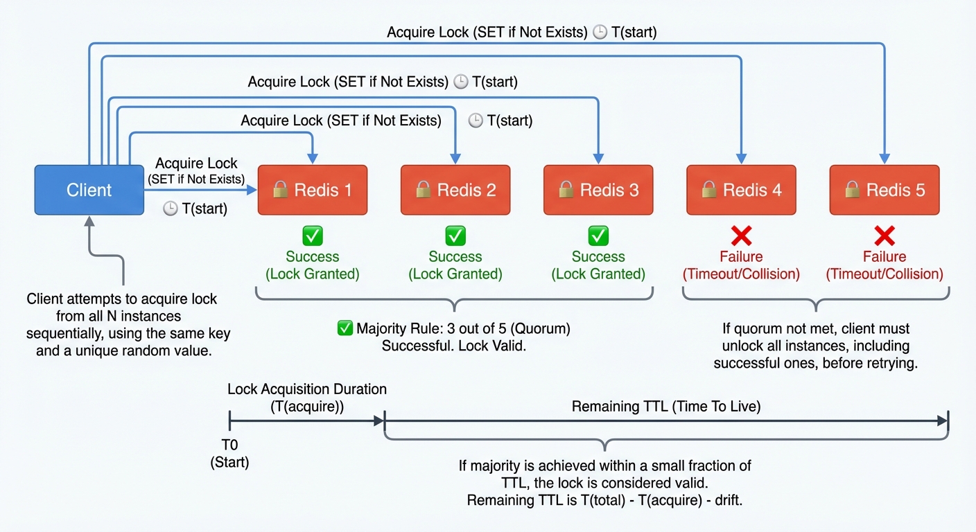 Redlock algorithm diagram showing client acquiring locks from multiple Redis instances