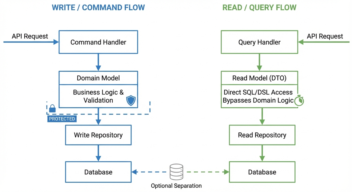 A technical diagram showing CQRS pattern architecture with two clear flows:\\n\\nLeft side (Write/Comman