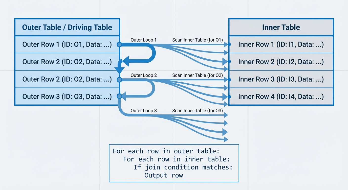 A technical diagram showing Nested Loop Join algorithm. Show two tables: an outer table (labeled &ldquo;Ou