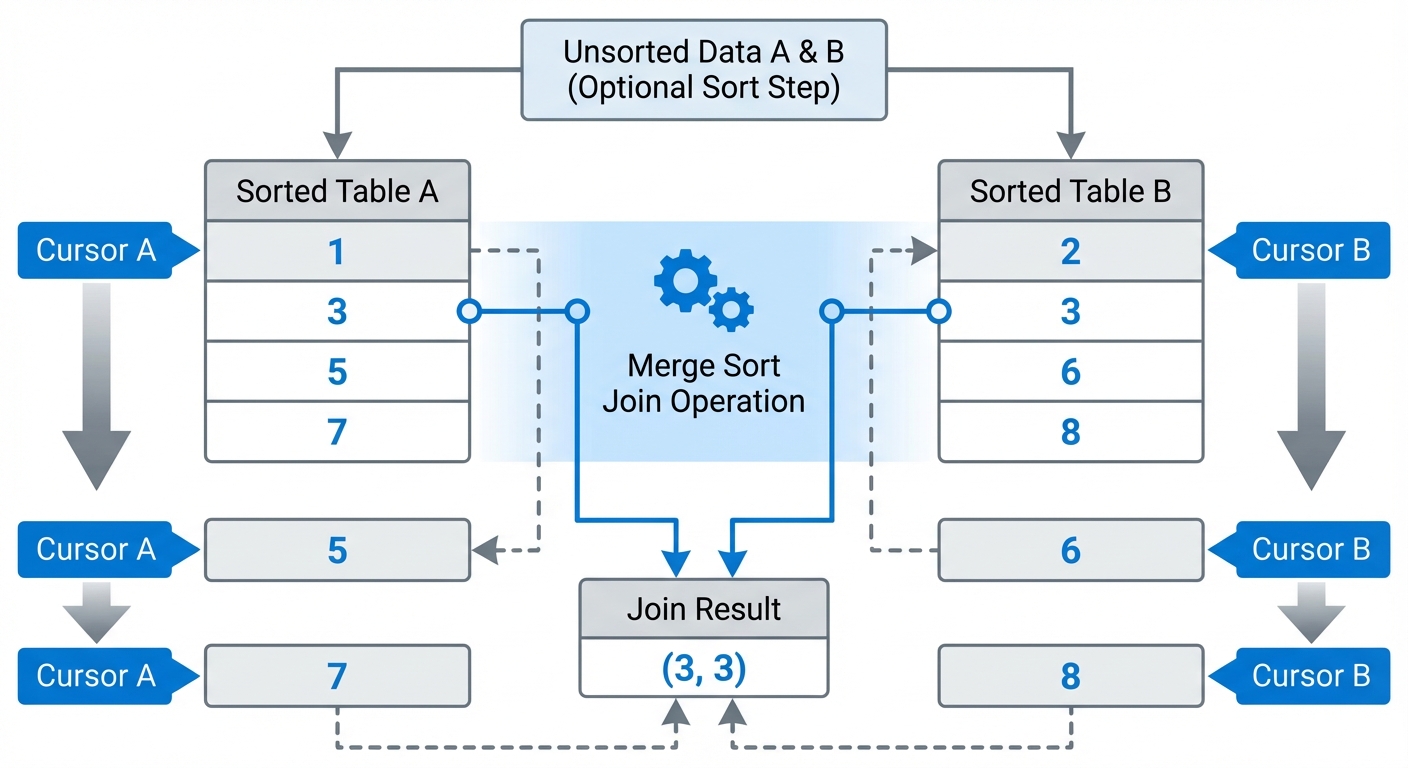A technical diagram showing Merge Sort Join algorithm. Show two pre-sorted tables side by side (labe