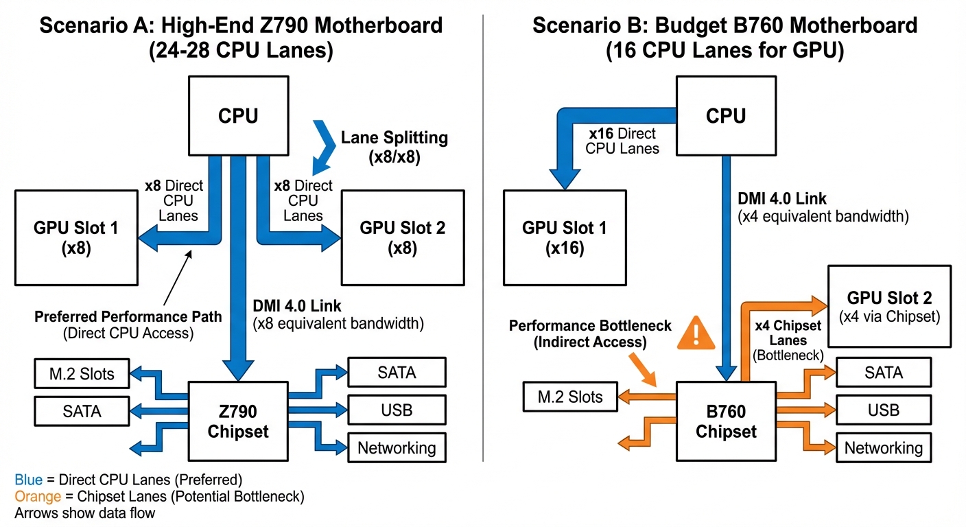 Technical diagram comparing PCIe lane distribution in two motherboard scenarios. Show:
Scenario A (