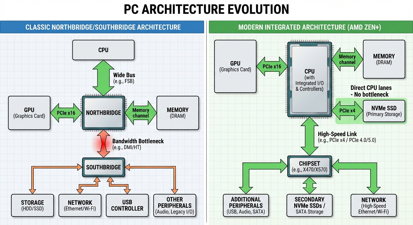 A side-by-side technical comparison diagram showing two PC architectures:
LEFT SIDE - “Classic Nort