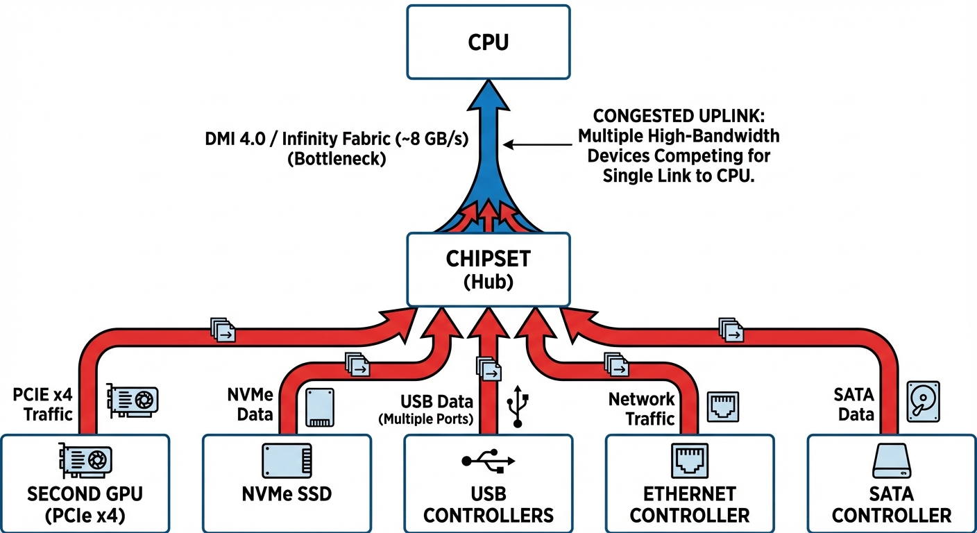 Technical diagram showing chipset bandwidth contention in a PC system. Show:
- CPU at the top
- Sing