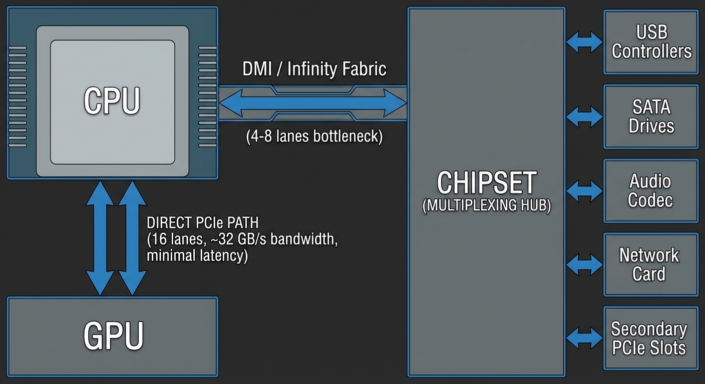 Create a technical diagram showing PCIe connection architecture with two paths: 1) Direct CPU to GPU