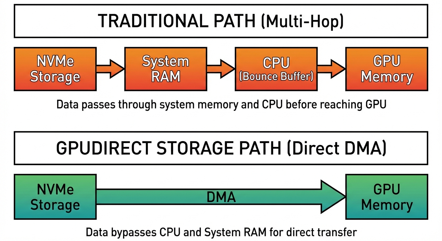 Traditional storage path vs GPUDirect Storage