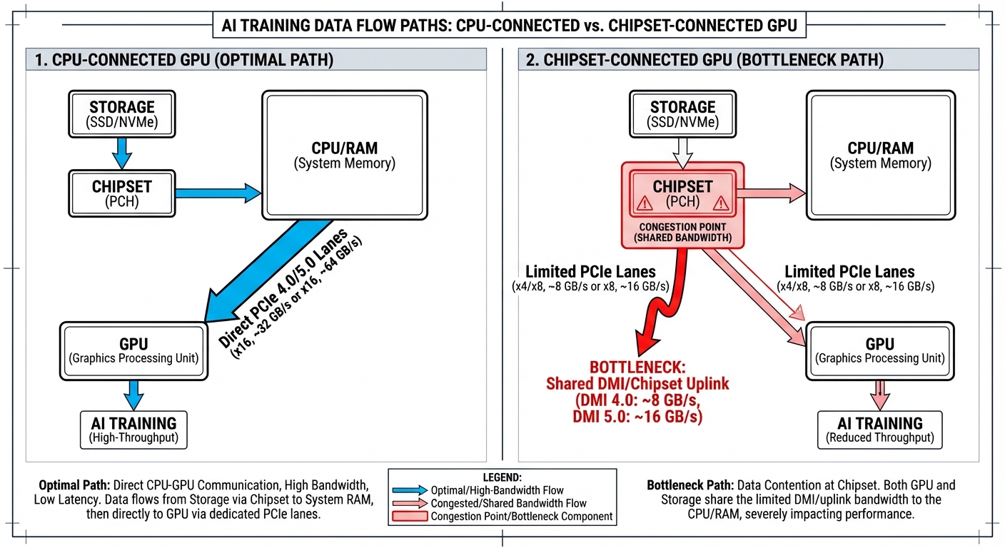 Technical diagram showing AI training data flow paths comparing CPU-connected GPU vs Chipset-connect